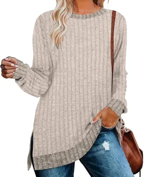 Kancystore Women's Long Sleeve Sweatshirts Color Block Crewneck Sweaters Tunic Tops