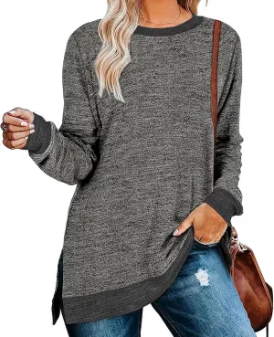 Kancystore Women's Long Sleeve Sweatshirts Color Block Crewneck Sweaters Tunic Tops