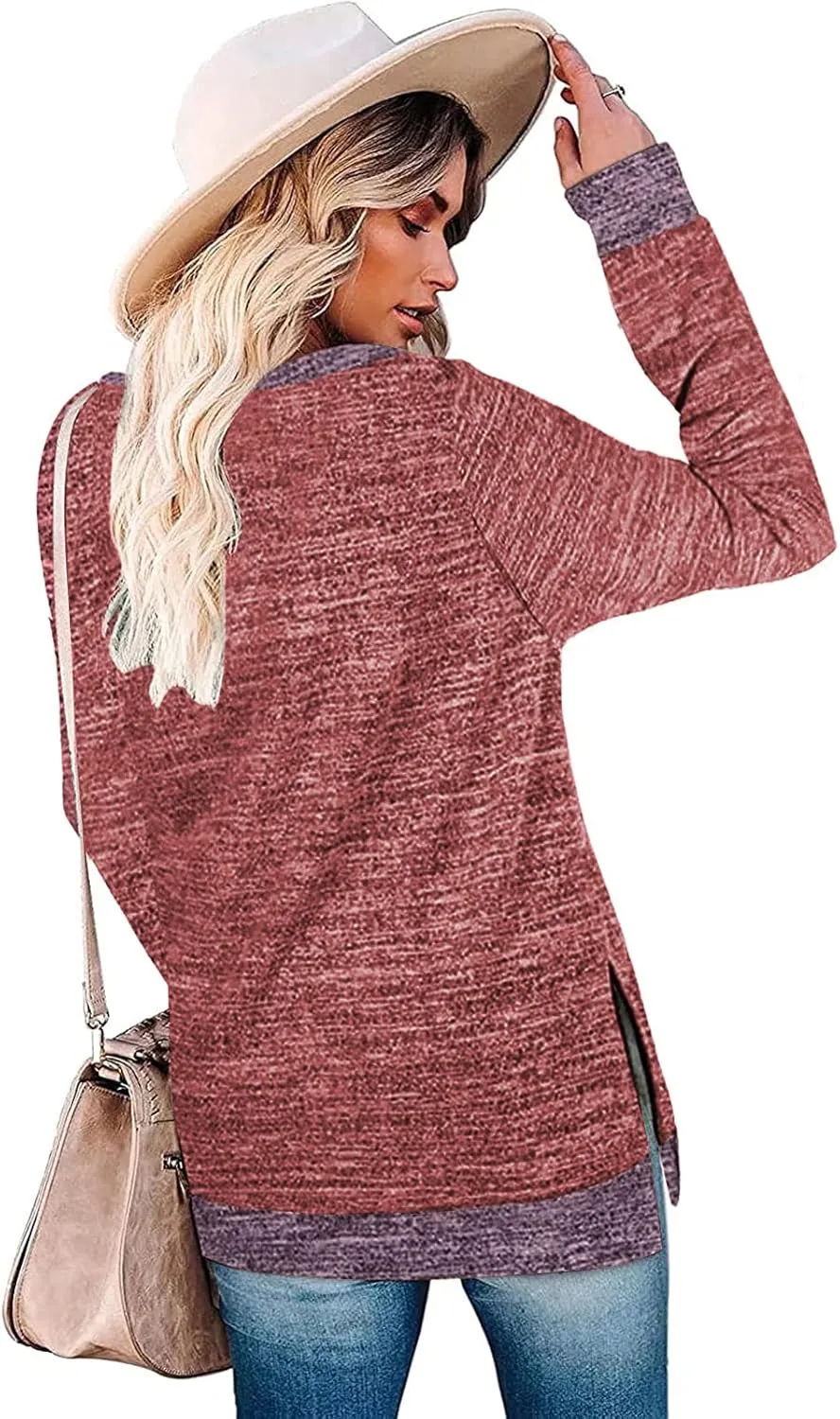 Kancystore Women's Long Sleeve Sweatshirts Color Block Crewneck Sweaters Tunic Tops