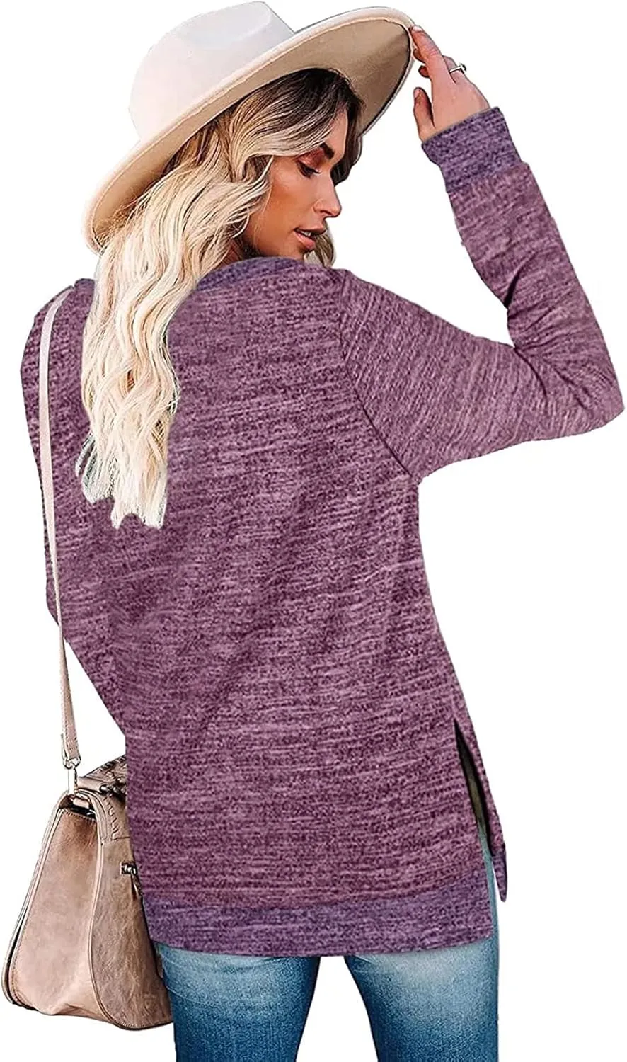 Kancystore Women's Long Sleeve Sweatshirts Color Block Crewneck Sweaters Tunic Tops