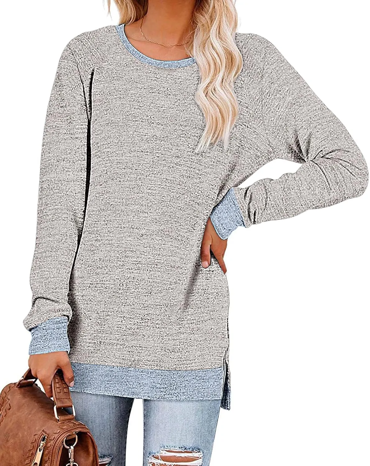 Kancystore Women's Long Sleeve Sweatshirts Color Block Crewneck Sweaters Tunic Tops