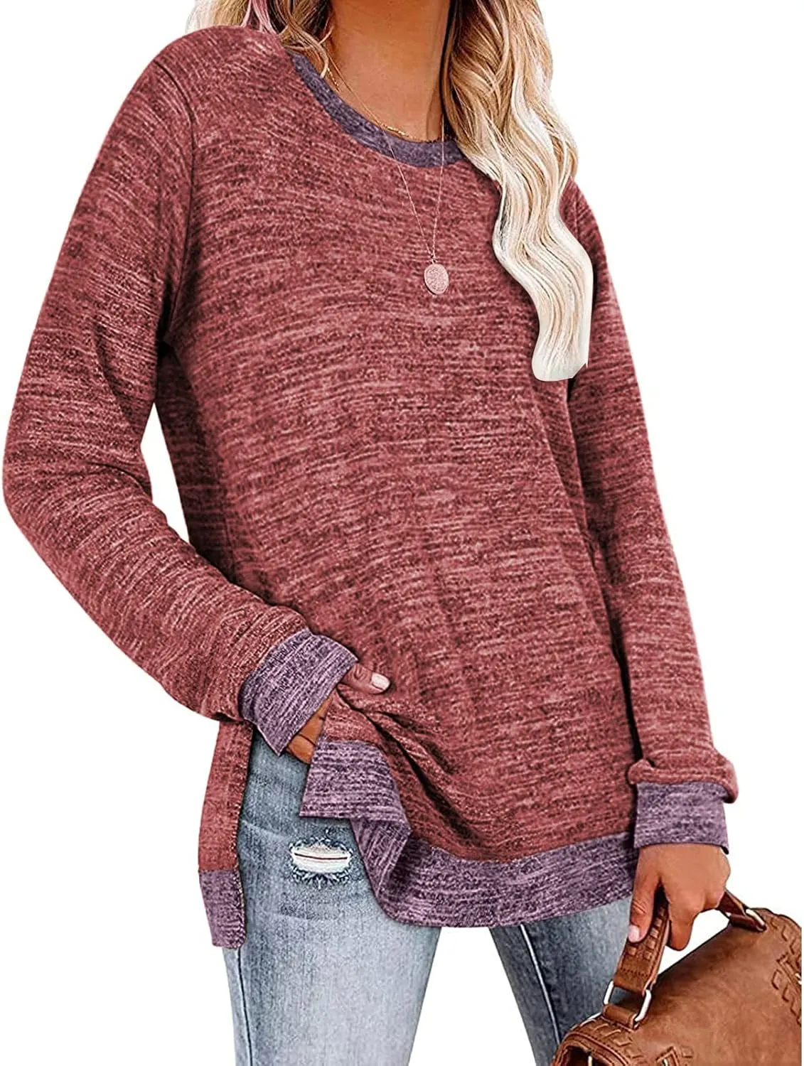 Kancystore Women's Long Sleeve Sweatshirts Color Block Crewneck Sweaters Tunic Tops