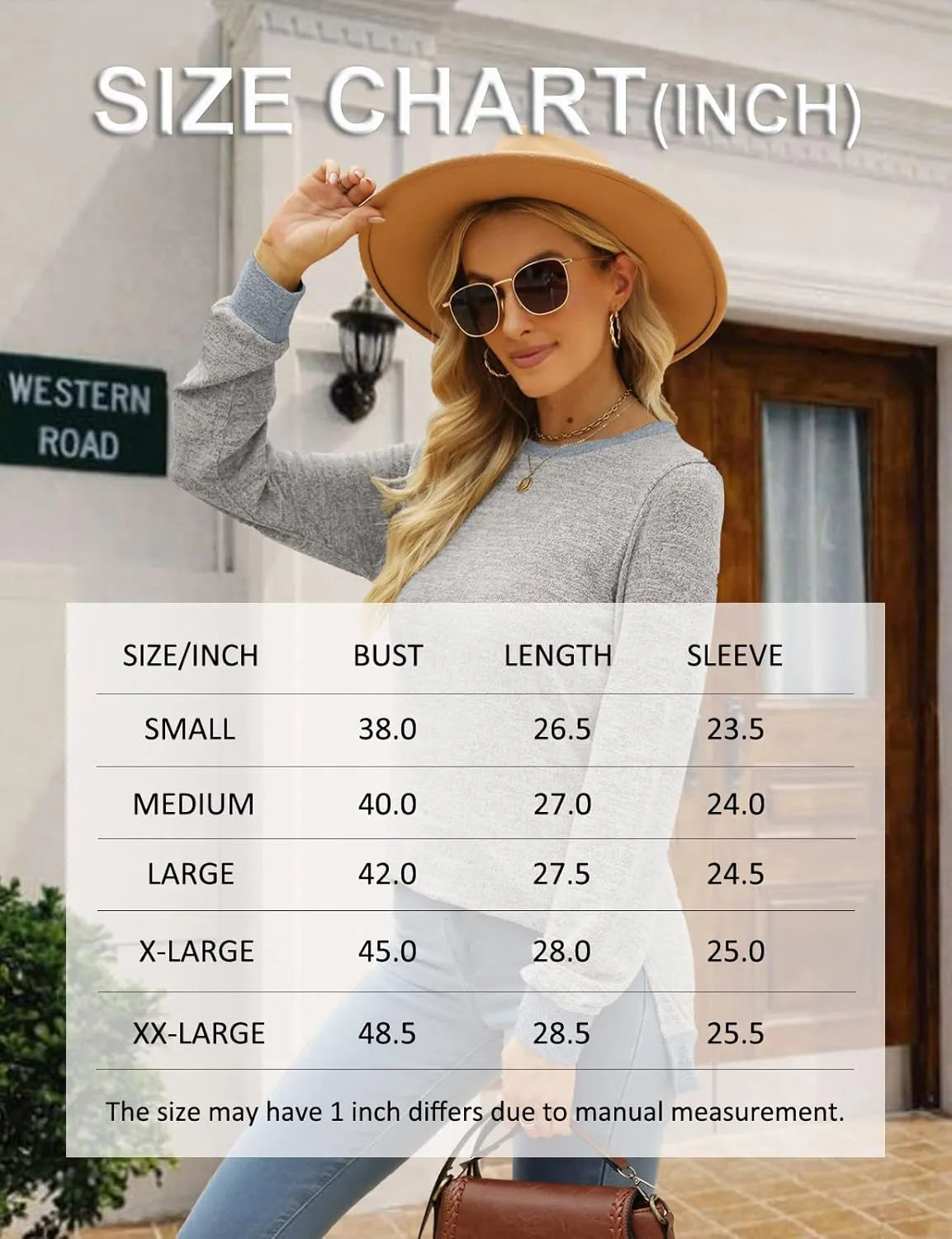 Kancystore Women's Long Sleeve Sweatshirts Color Block Crewneck Sweaters Tunic Tops