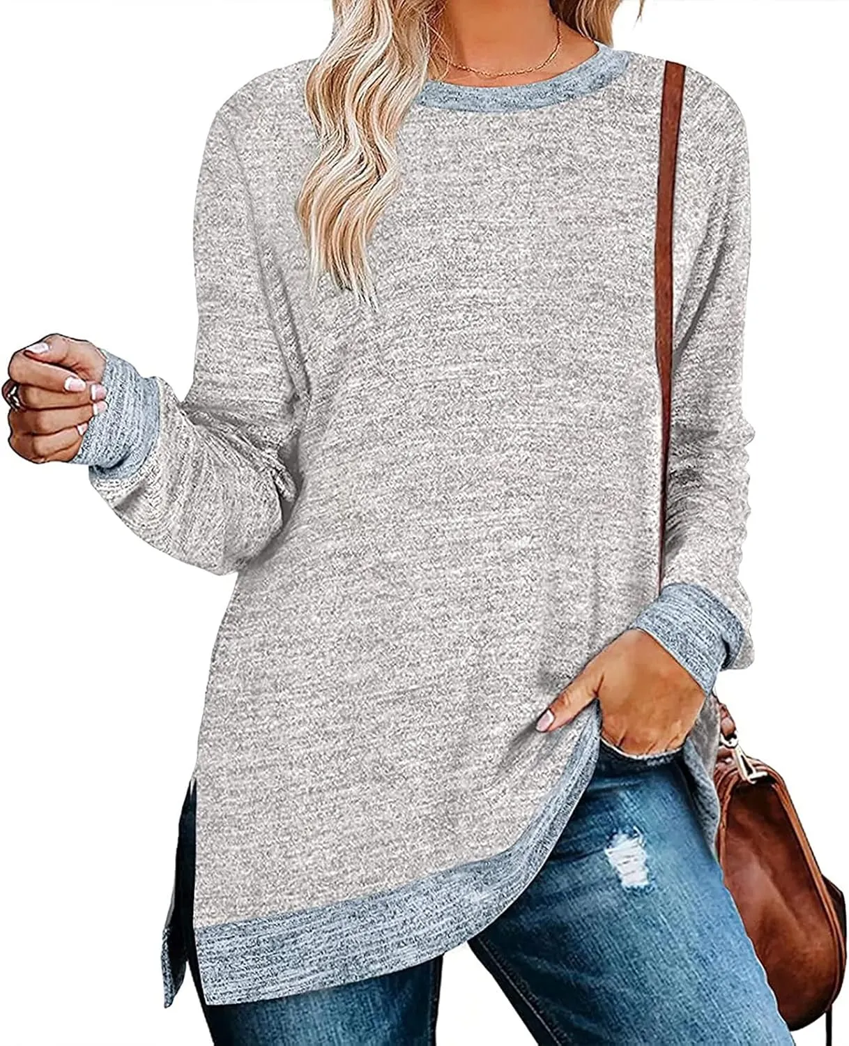Kancystore Women's Long Sleeve Sweatshirts Color Block Crewneck Sweaters Tunic Tops