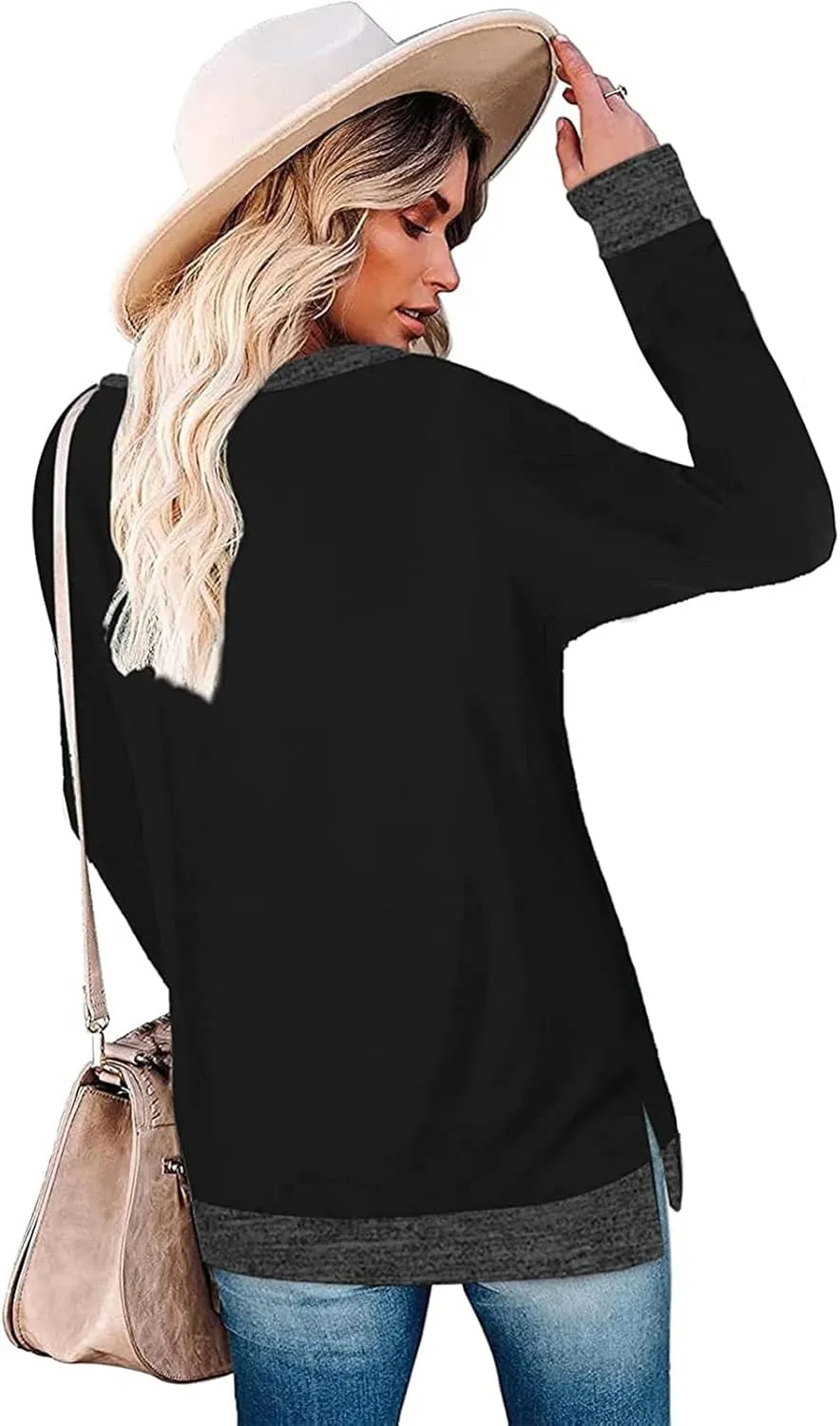 Kancystore Women's Long Sleeve Sweatshirts Color Block Crewneck Sweaters Tunic Tops