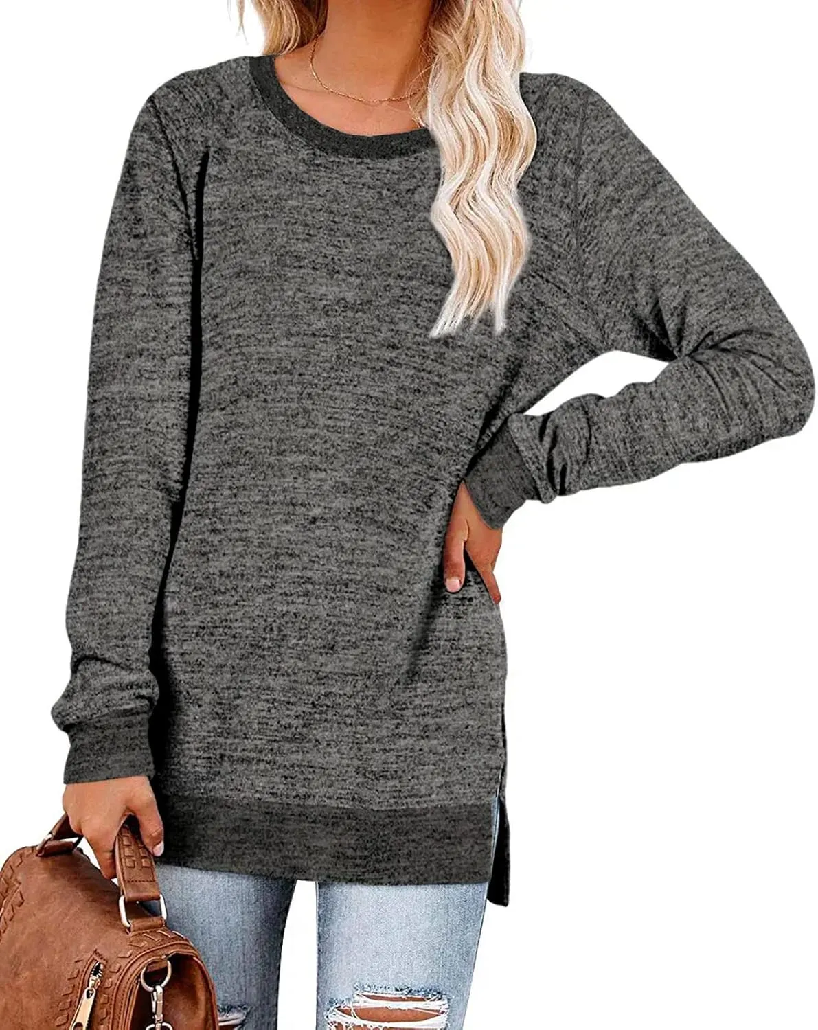 Kancystore Women's Long Sleeve Sweatshirts Color Block Crewneck Sweaters Tunic Tops