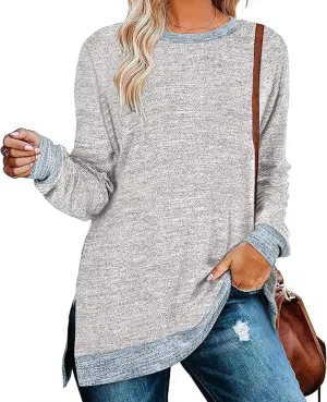 Kancystore Women's Long Sleeve Sweatshirts Color Block Crewneck Sweaters Tunic Tops