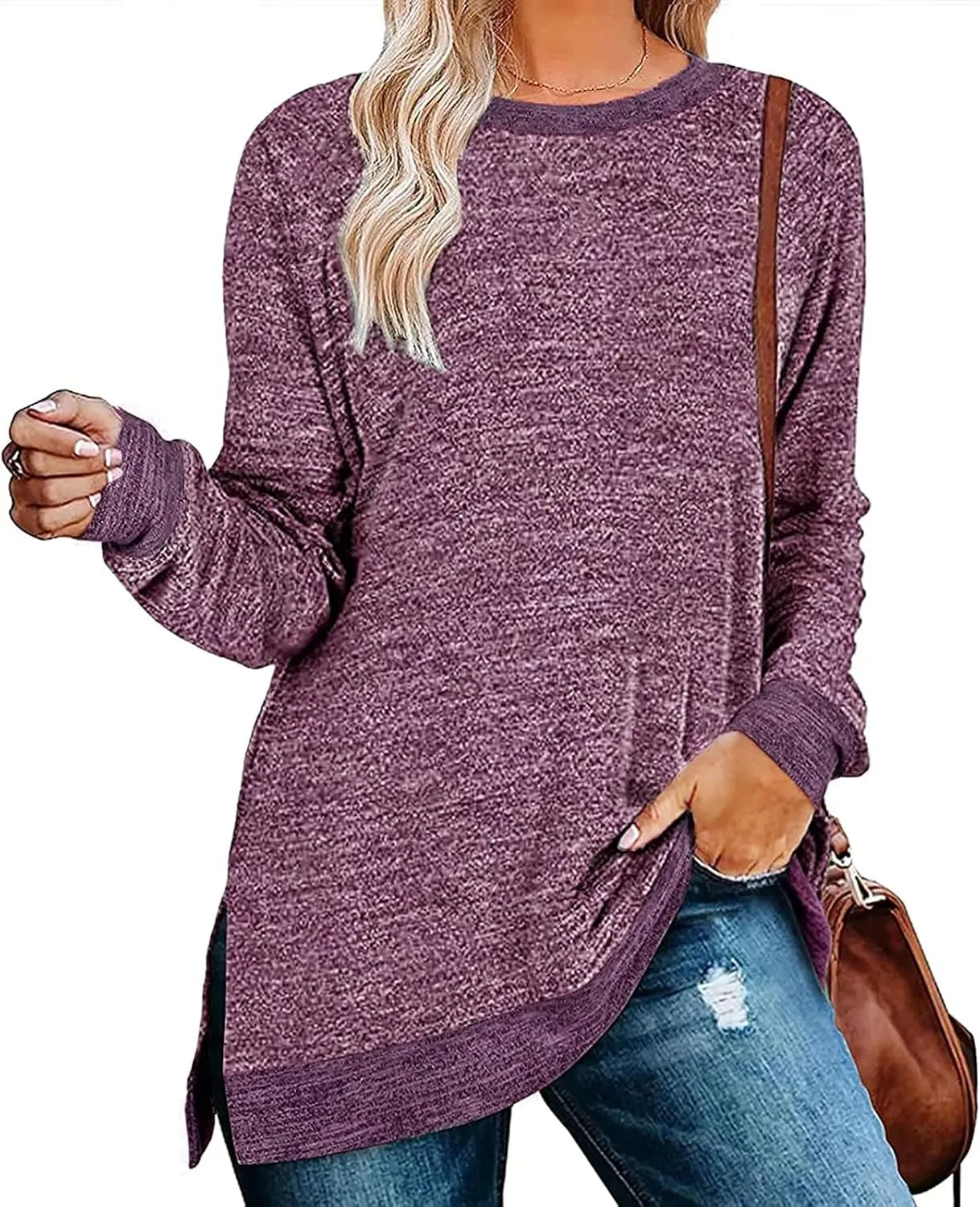 Kancystore Women's Long Sleeve Sweatshirts Color Block Crewneck Sweaters Tunic Tops