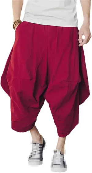 keusyoi Men Harem Pants Loose Drop Crotch Joggers Pants Solid Casual Trousers Men Hip Hop Baggy Cotton Men Wide Leg Pants