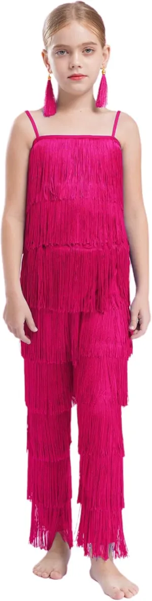 Kids Girls Fringe Latin Dance Outfit 3 Piece Camisole Crop Top Tassel Pants for Salsa Tango Ballroom Practice
