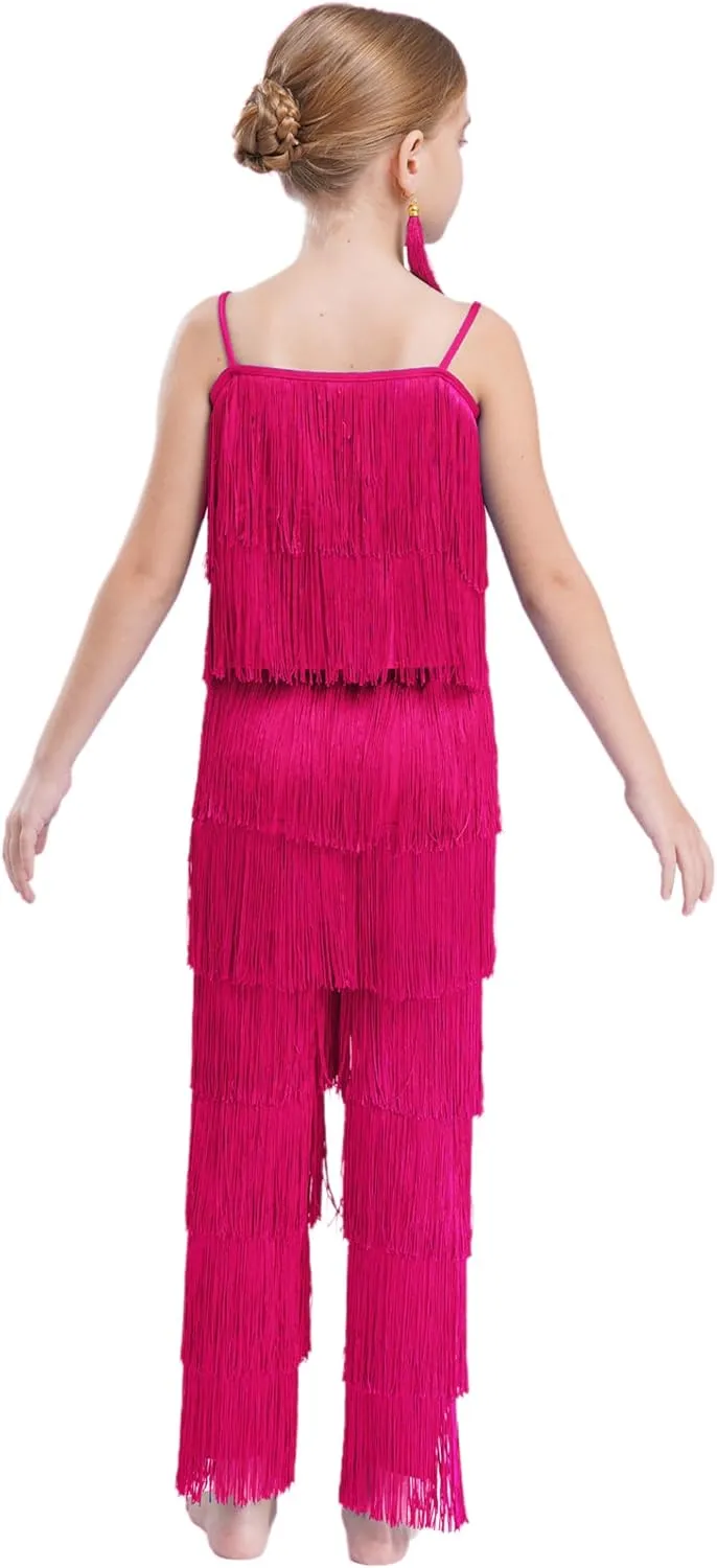 Kids Girls Fringe Latin Dance Outfit 3 Piece Camisole Crop Top Tassel Pants for Salsa Tango Ballroom Practice