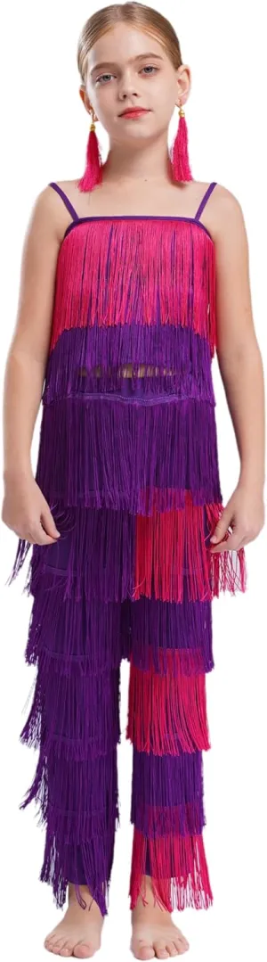 Kids Girls Latin Dance 3 Piece Outfit Tassel Cami Top and Pants Fringe Ear Clips Set Salsa Ballroom Dancewear