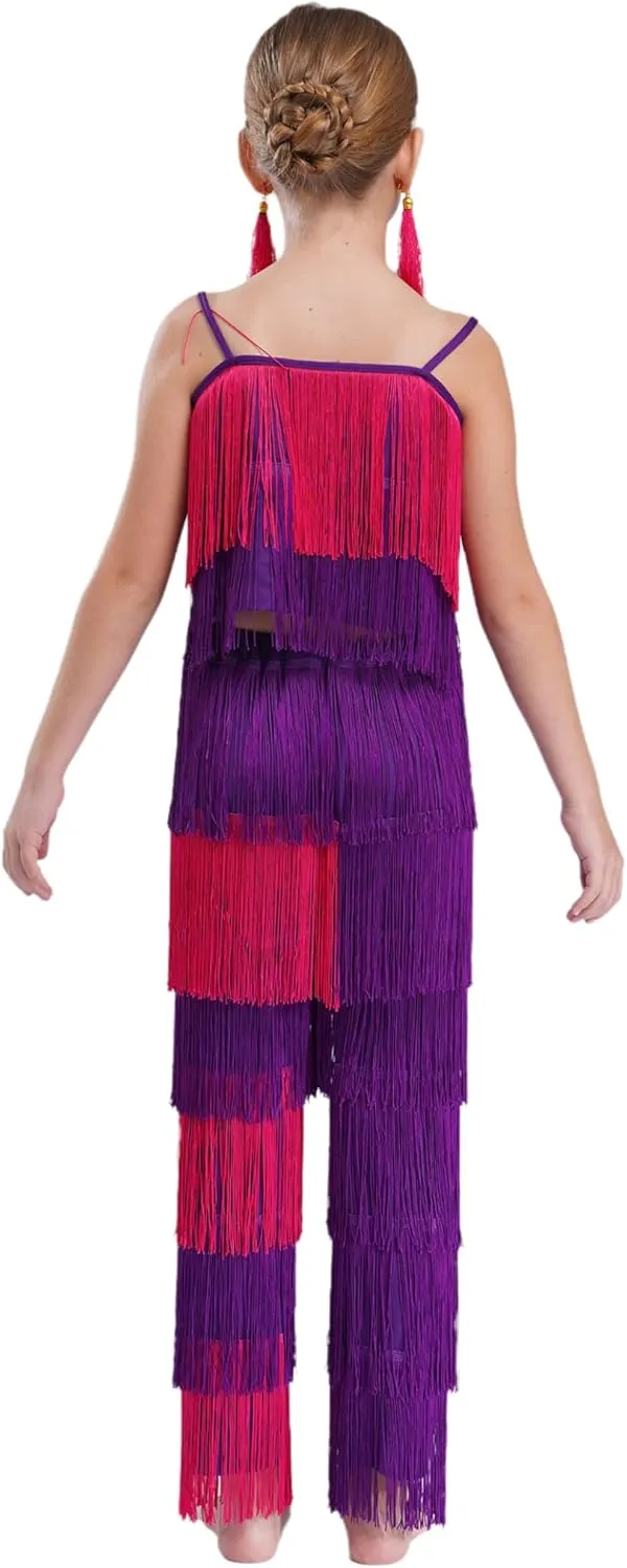 Kids Girls Latin Dance 3 Piece Outfit Tassel Cami Top and Pants Fringe Ear Clips Set Salsa Ballroom Dancewear