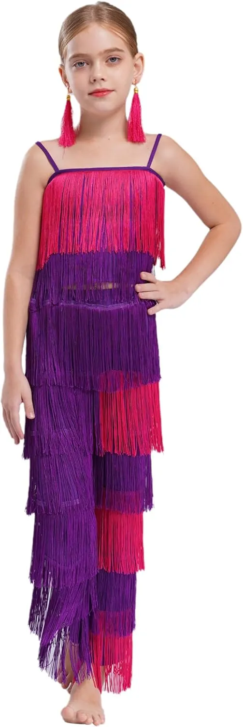 Kids Girls Latin Dance 3 Piece Outfit Tassel Cami Top and Pants Fringe Ear Clips Set Salsa Ballroom Dancewear