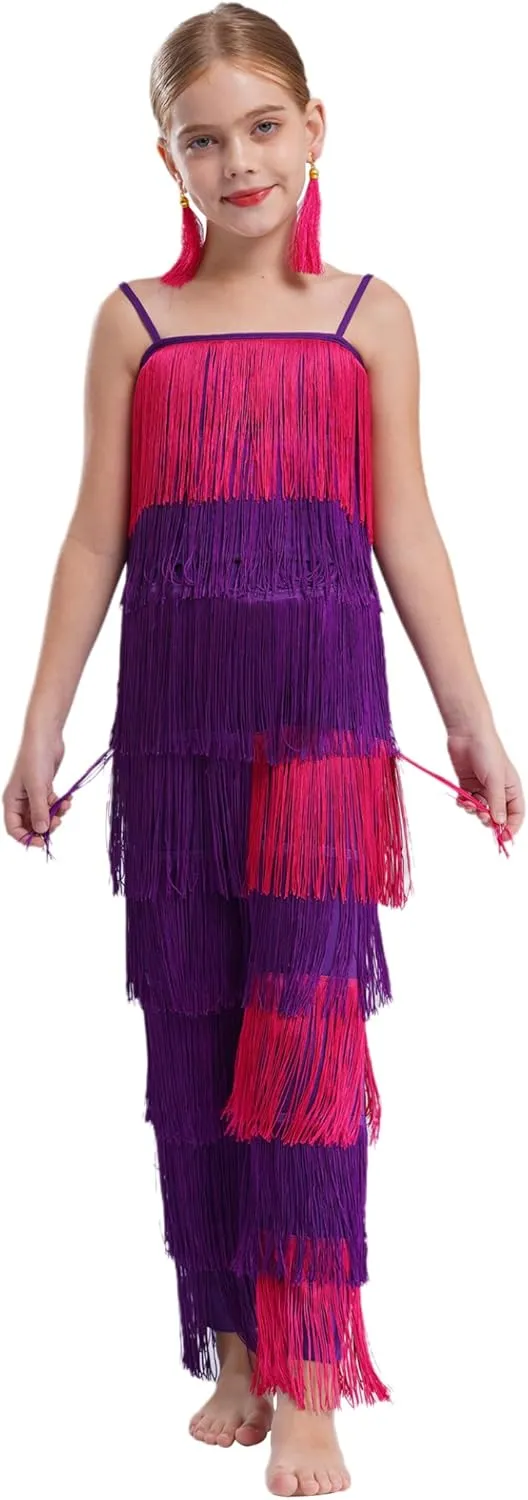 Kids Girls Latin Dance 3 Piece Outfit Tassel Cami Top and Pants Fringe Ear Clips Set Salsa Ballroom Dancewear