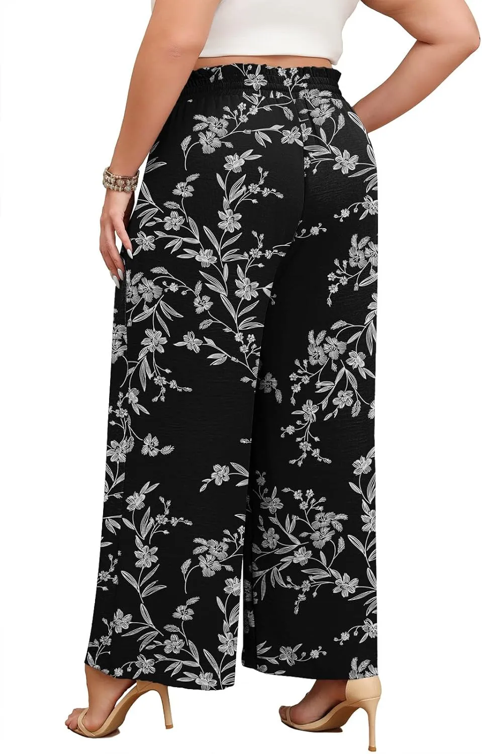 Lastshe Plus Size Wide Leg Pants for Women Elastic High Waisted Drawstring Loose Lounge Long Palazzo Trousers with Pockets