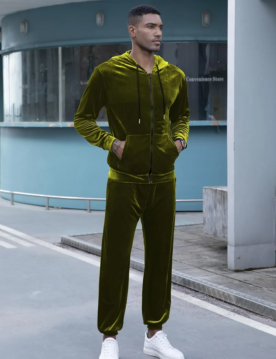LecGee Mens Tracksuit Long Sleeve Full Zip Velour Hoodie Jacket Jogger Sweatpants Casual Velvet Sweatsuits Set M-3XL
