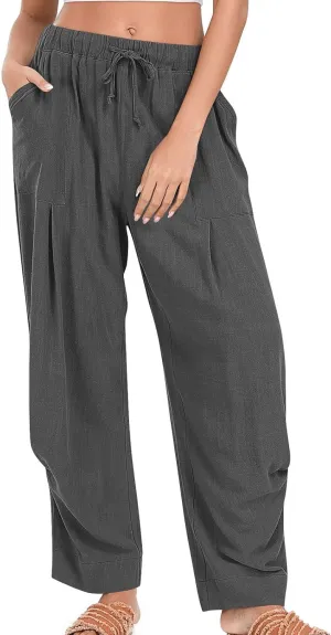 Linen Pants for Women Cotton Pleated Palazzo Pant Boho Drawstring Waist Wide Leg Trousers Summer 2025 Y2K Outfits