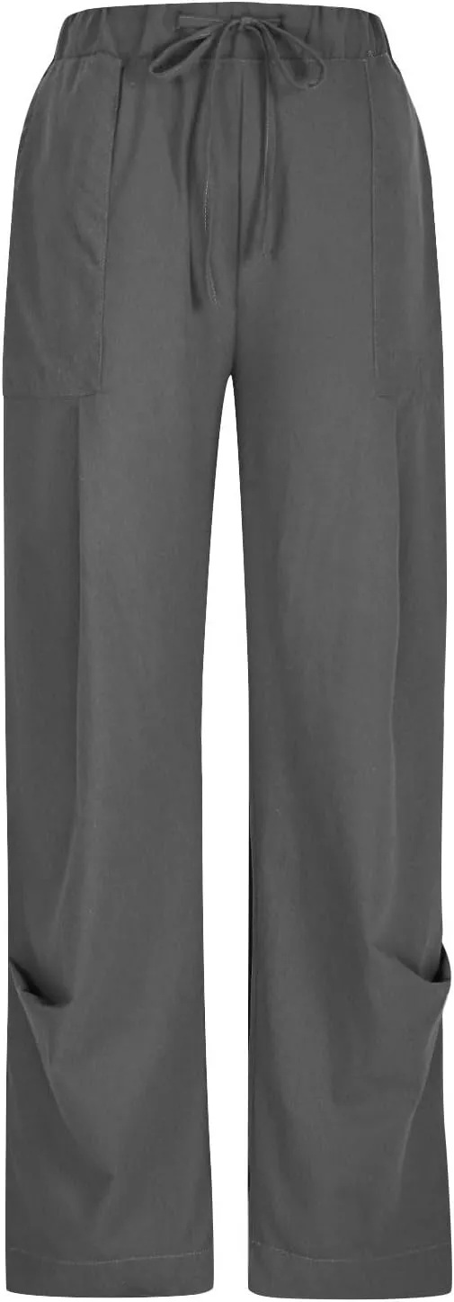 Linen Pants for Women Cotton Pleated Palazzo Pant Boho Drawstring Waist Wide Leg Trousers Summer 2025 Y2K Outfits
