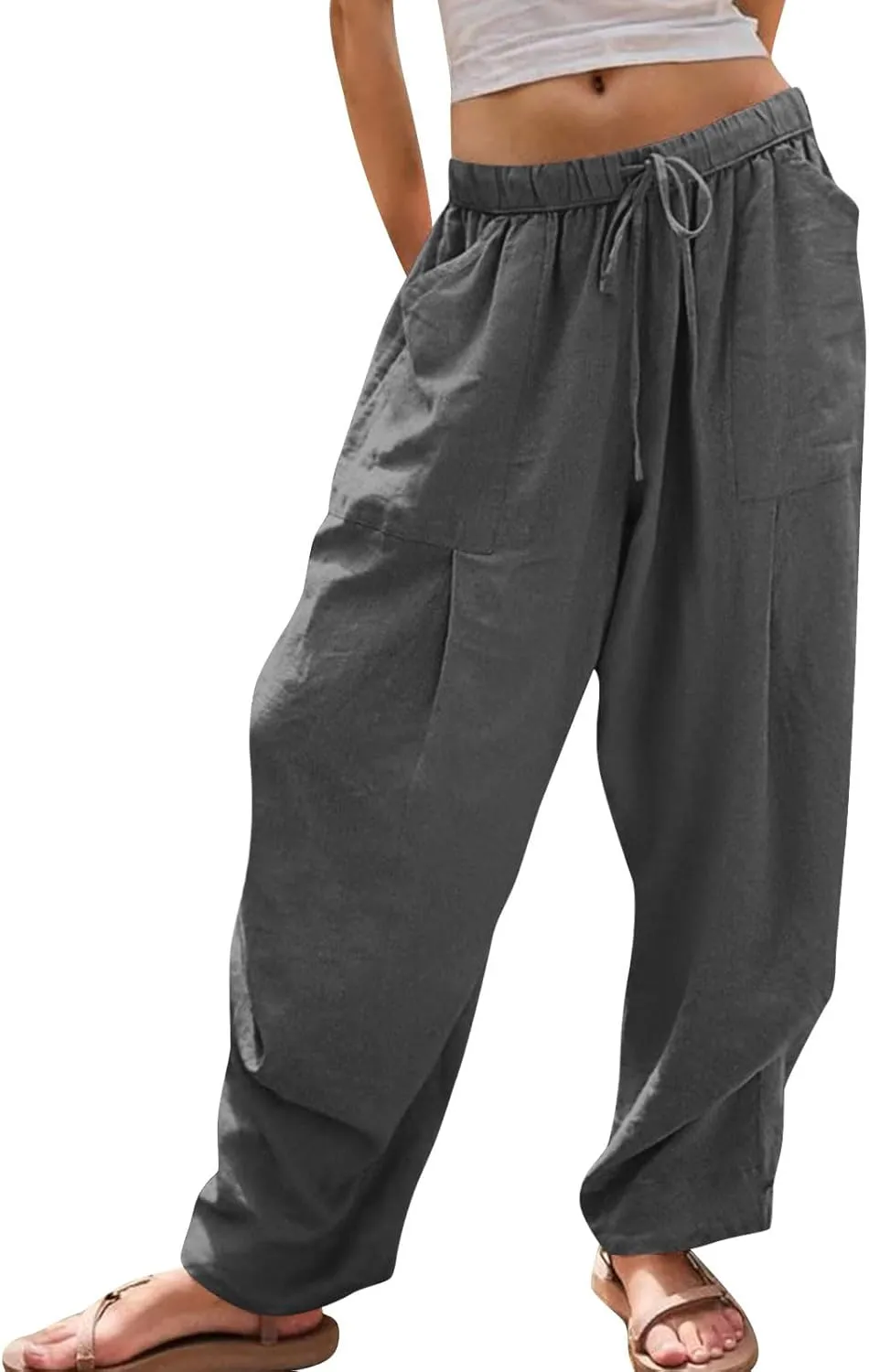 Linen Pants for Women Cotton Pleated Palazzo Pant Boho Drawstring Waist Wide Leg Trousers Summer 2025 Y2K Outfits