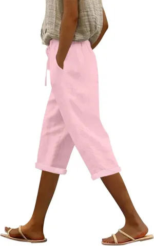 Linen Pants Women Capri Casual Loose Elastic Drawstring Straight Cropped Trousers Summer Beach Travel Vacation