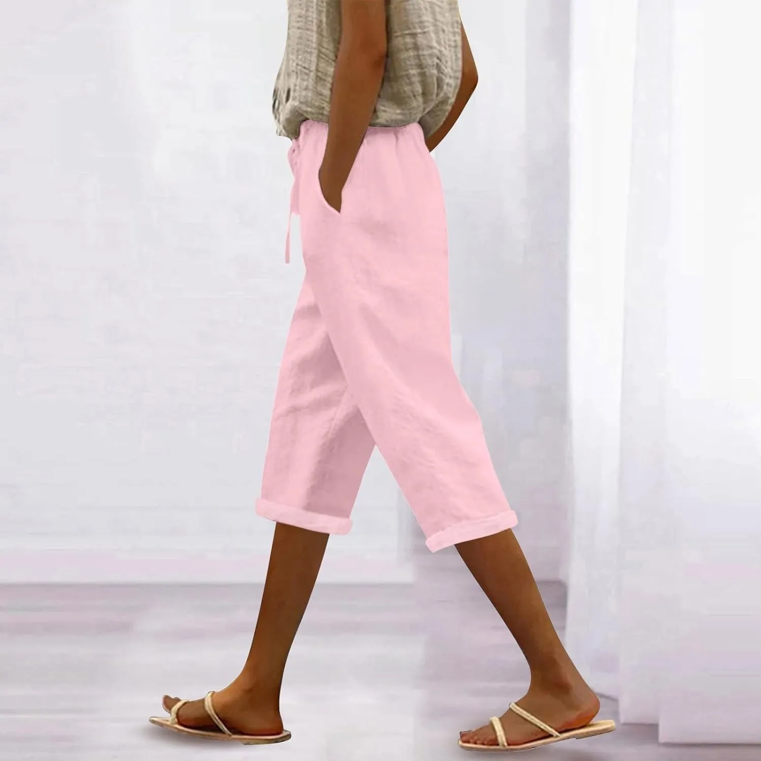 Linen Pants Women Capri Casual Loose Elastic Drawstring Straight Cropped Trousers Summer Beach Travel Vacation
