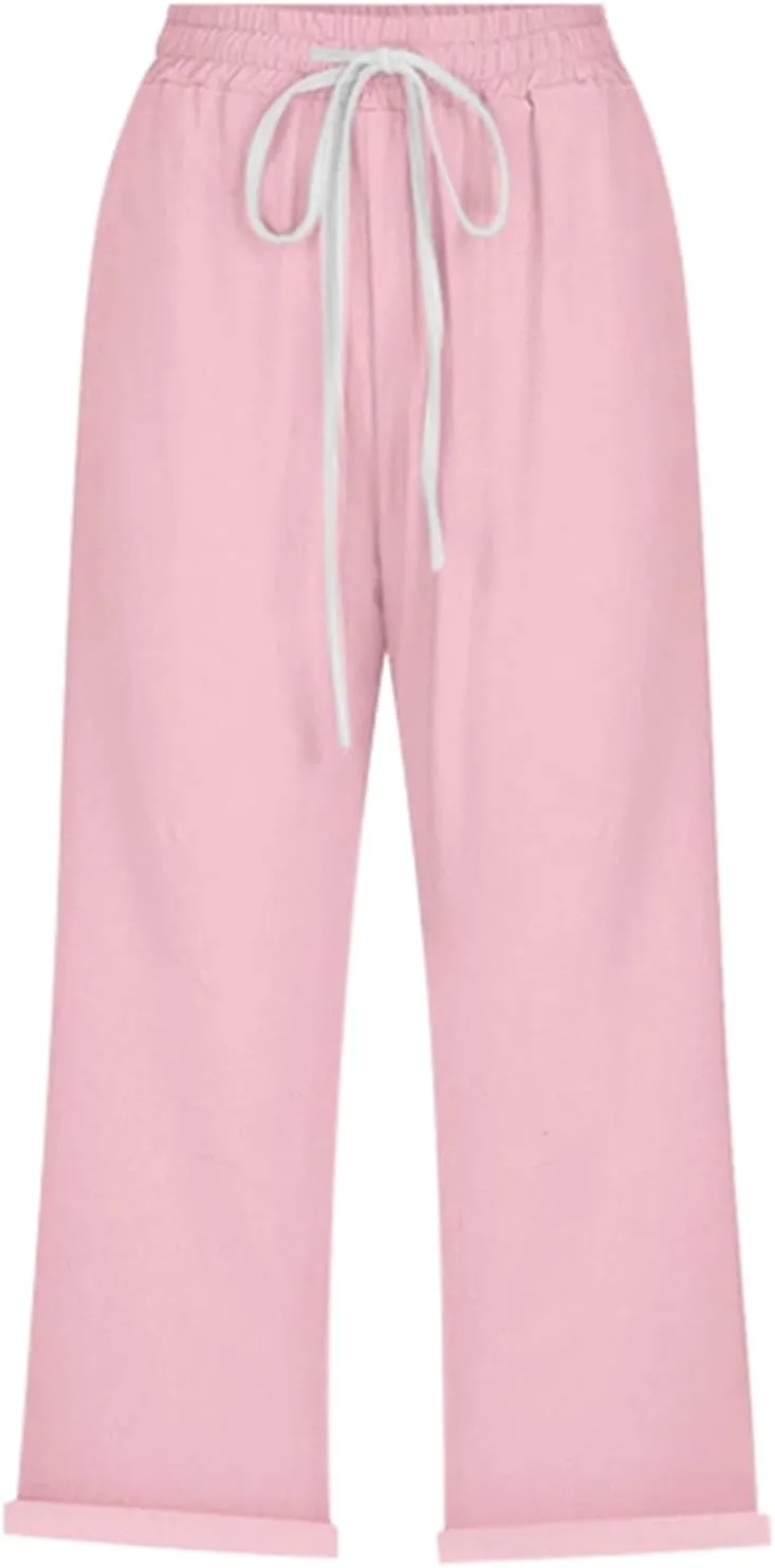 Linen Pants Women Capri Casual Loose Elastic Drawstring Straight Cropped Trousers Summer Beach Travel Vacation