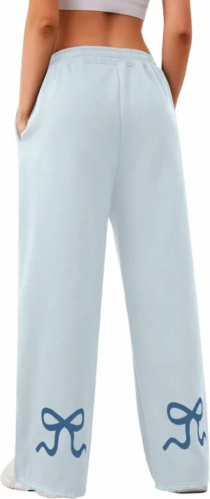 Livtany Womens Straight Leg Graphic Bow Print Sweatpants Wide Leg Elastic Waistband Lounge Pant Lounge Joggers with Pockets