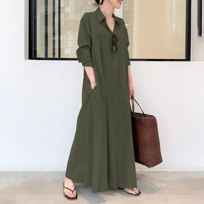 LOAIHA Women's Casual Button Down Cotton Linen Maxi Dress Long Sleeve Lapel Loose Plus Size Shirt Dresses with 2 Pockets