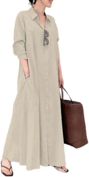 LOAIHA Women's Casual Button Down Cotton Linen Maxi Dress Long Sleeve Lapel Loose Plus Size Shirt Dresses with 2 Pockets