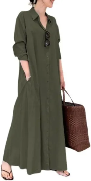 LOAIHA Women's Casual Button Down Cotton Linen Maxi Dress Long Sleeve Lapel Loose Plus Size Shirt Dresses with 2 Pockets