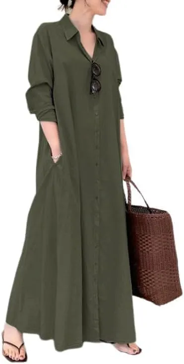 LOAIHA Women's Casual Button Down Cotton Linen Maxi Dress Long Sleeve Lapel Loose Plus Size Shirt Dresses with 2 Pockets