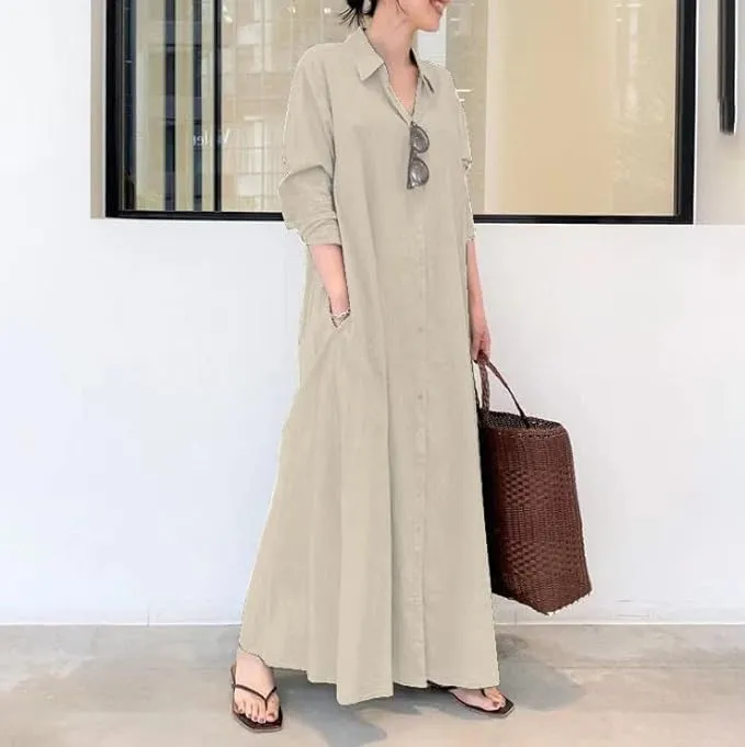 LOAIHA Women's Casual Button Down Cotton Linen Maxi Dress Long Sleeve Lapel Loose Plus Size Shirt Dresses with 2 Pockets