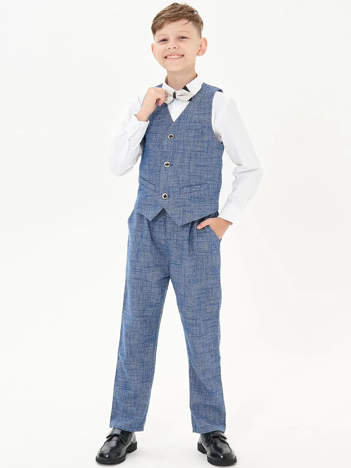 LOLANTA Boys Suit 4PCs Vest Pant Shirt Bow Tie Set Wedding Ring Bearer Outfit Kids Dress Clothes