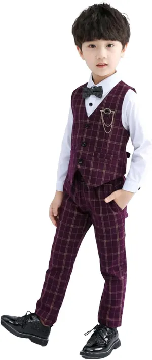 LOLANTA Boys Vest Pants Set Plaid Dress Suit with Shirt Kids Tuxedo Formal Wedding Ring Bearer Outfit