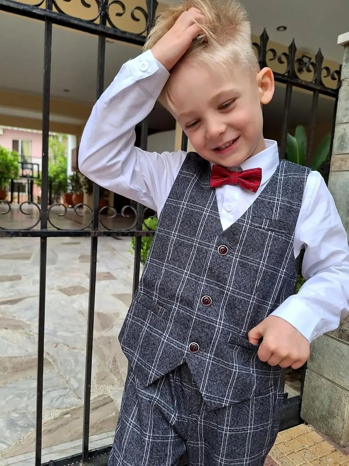 LOLANTA Boys Vest Pants Set Plaid Dress Suit with Shirt Kids Tuxedo Formal Wedding Ring Bearer Outfit