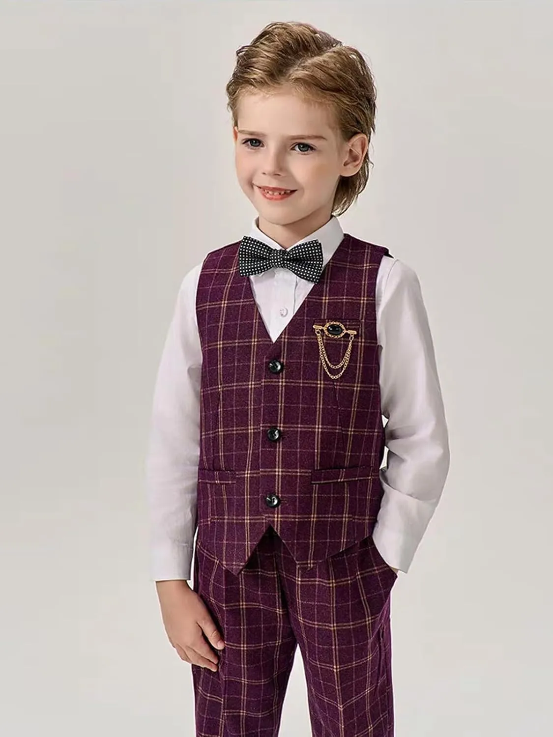 LOLANTA Boys Vest Pants Set Plaid Dress Suit with Shirt Kids Tuxedo Formal Wedding Ring Bearer Outfit