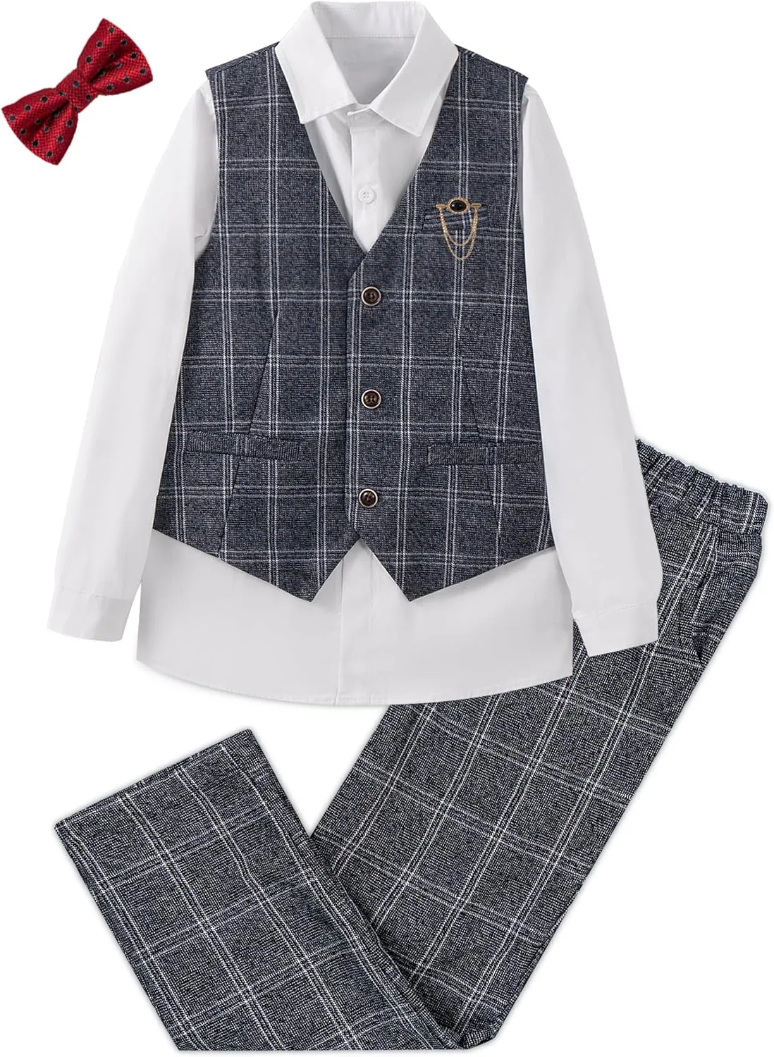 LOLANTA Boys Vest Pants Set Plaid Dress Suit with Shirt Kids Tuxedo Formal Wedding Ring Bearer Outfit