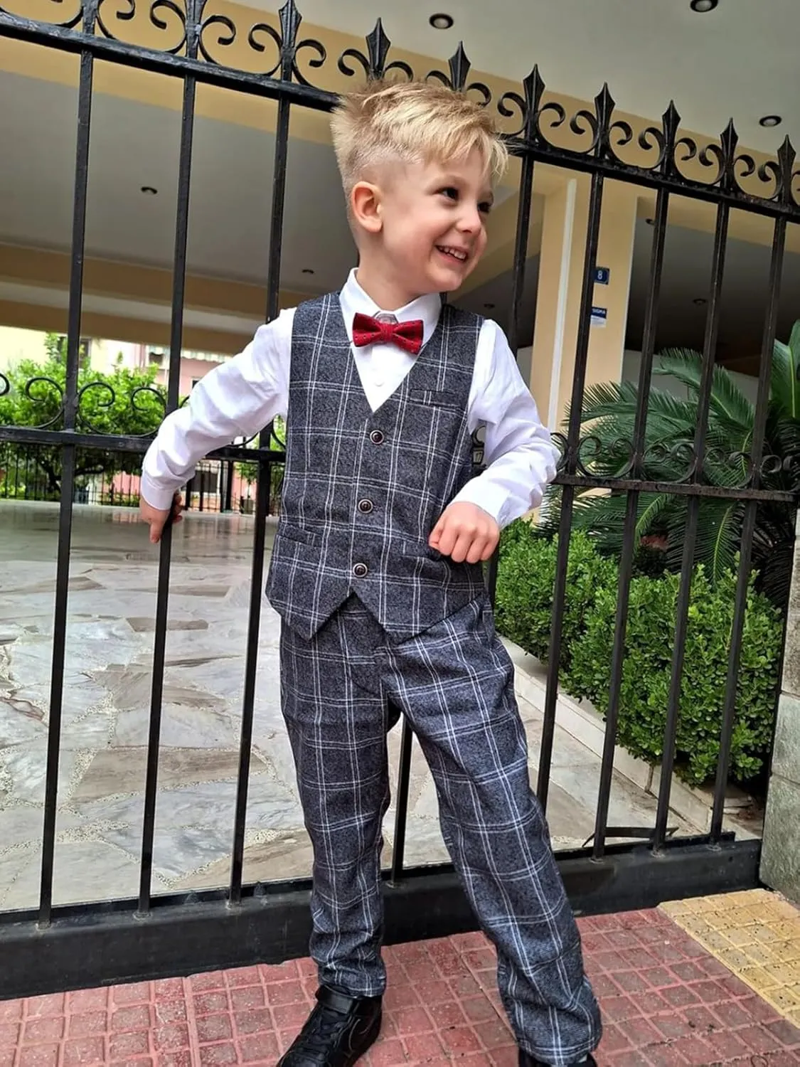 LOLANTA Boys Vest Pants Set Plaid Dress Suit with Shirt Kids Tuxedo Formal Wedding Ring Bearer Outfit