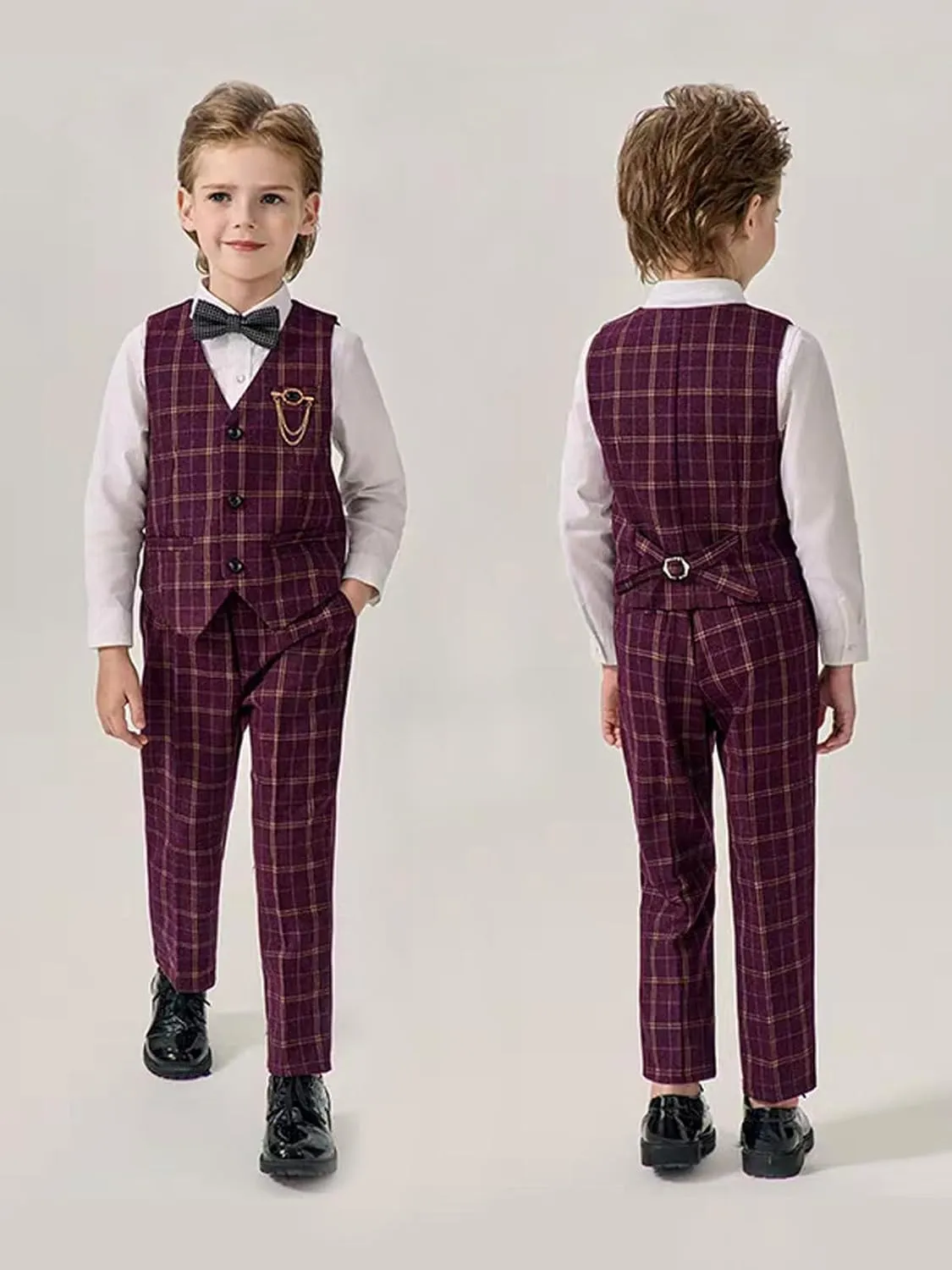 LOLANTA Boys Vest Pants Set Plaid Dress Suit with Shirt Kids Tuxedo Formal Wedding Ring Bearer Outfit
