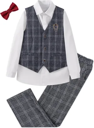 LOLANTA Boys Vest Pants Set Plaid Dress Suit with Shirt Kids Tuxedo Formal Wedding Ring Bearer Outfit