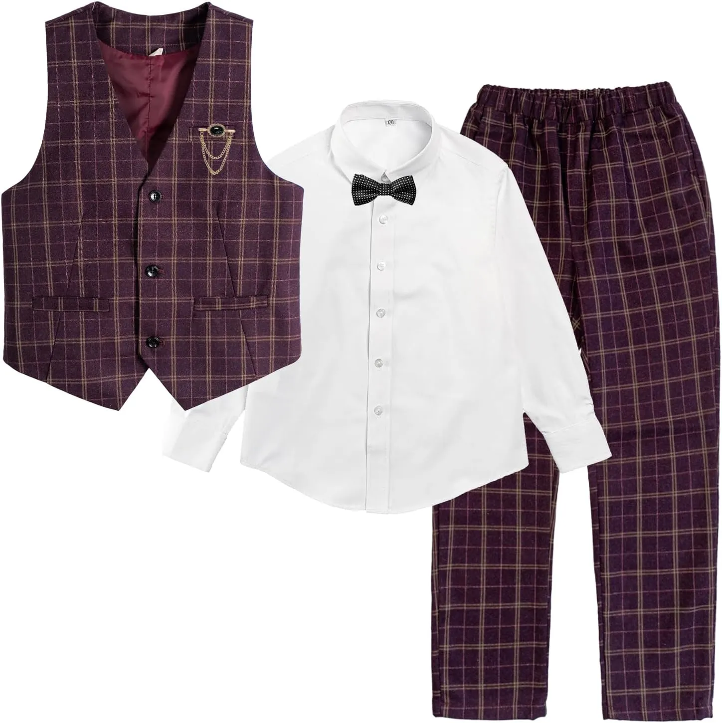 LOLANTA Boys Vest Pants Set Plaid Dress Suit with Shirt Kids Tuxedo Formal Wedding Ring Bearer Outfit