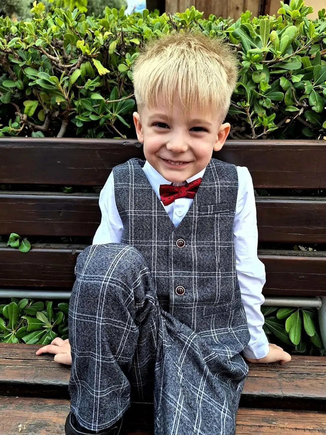 LOLANTA Boys Vest Pants Set Plaid Dress Suit with Shirt Kids Tuxedo Formal Wedding Ring Bearer Outfit