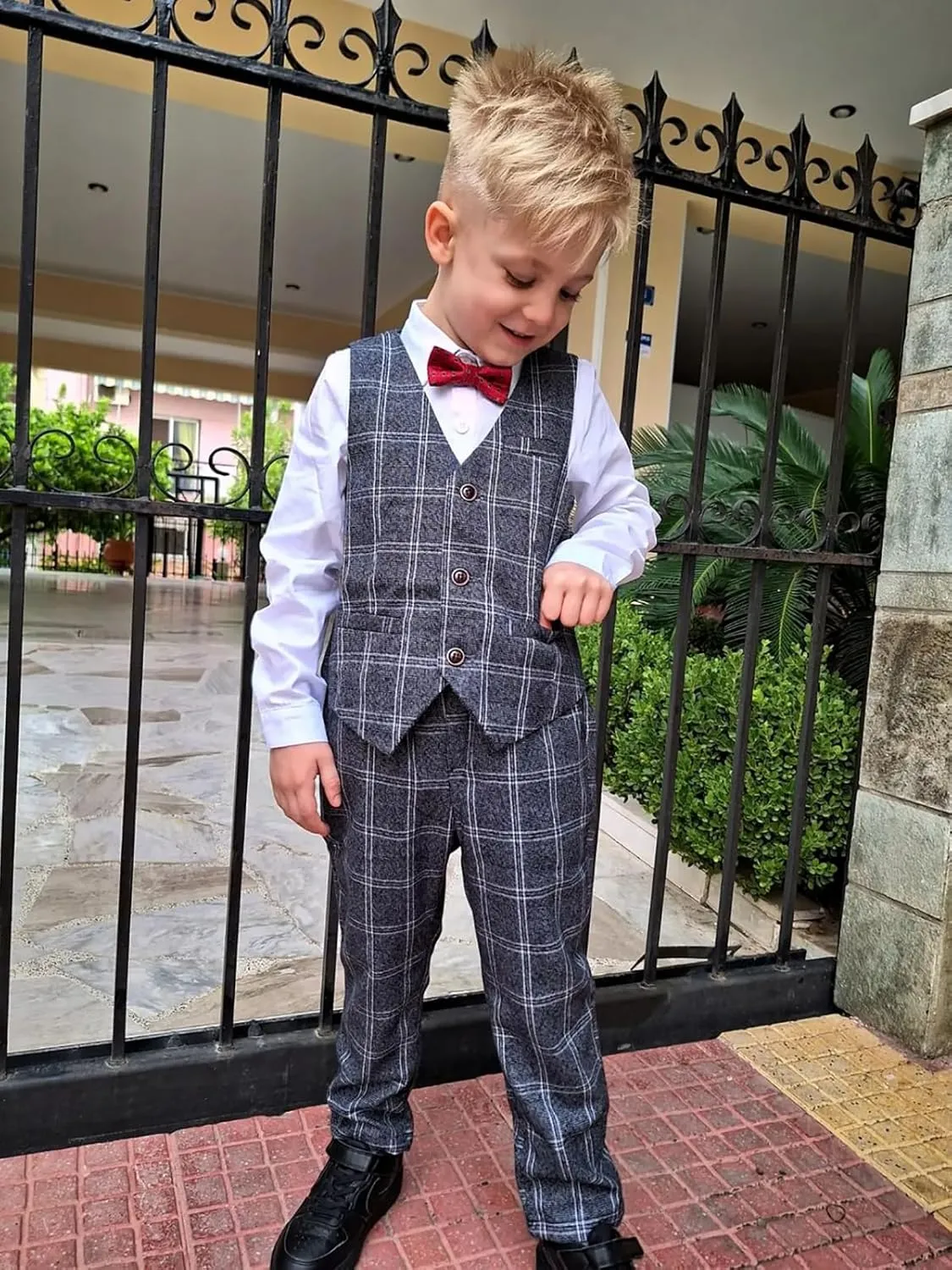 LOLANTA Boys Vest Pants Set Plaid Dress Suit with Shirt Kids Tuxedo Formal Wedding Ring Bearer Outfit