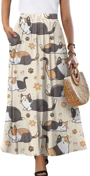 Long Skirts for Women with 2 Side Pockets A-Line Maxi Length Skirt Elastic Waistband S to 2XL Floral Printed Summer