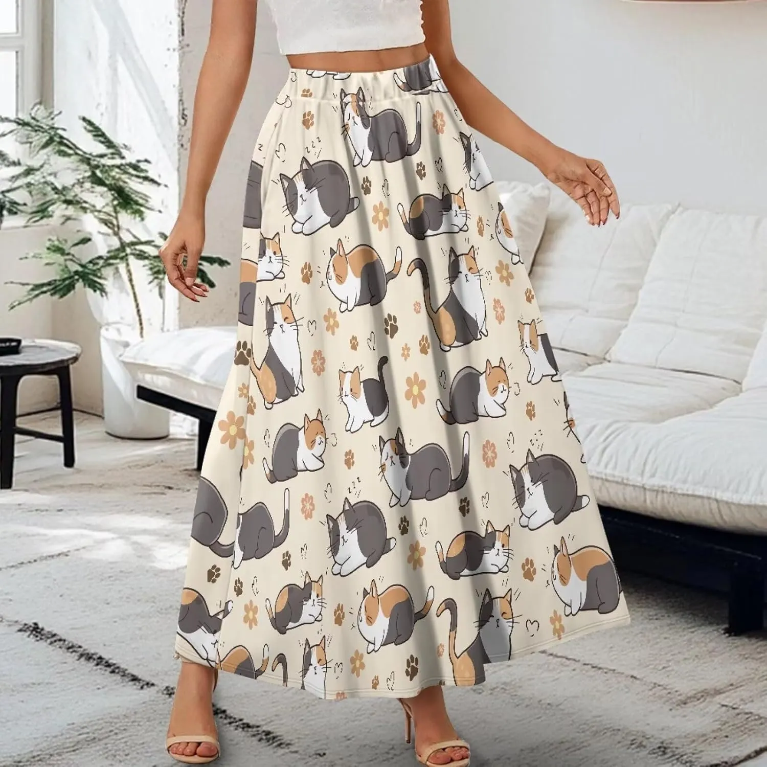 Long Skirts for Women with 2 Side Pockets A-Line Maxi Length Skirt Elastic Waistband S to 2XL Floral Printed Summer