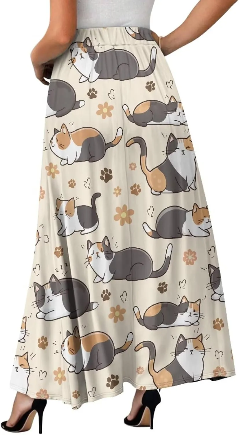 Long Skirts for Women with 2 Side Pockets A-Line Maxi Length Skirt Elastic Waistband S to 2XL Floral Printed Summer