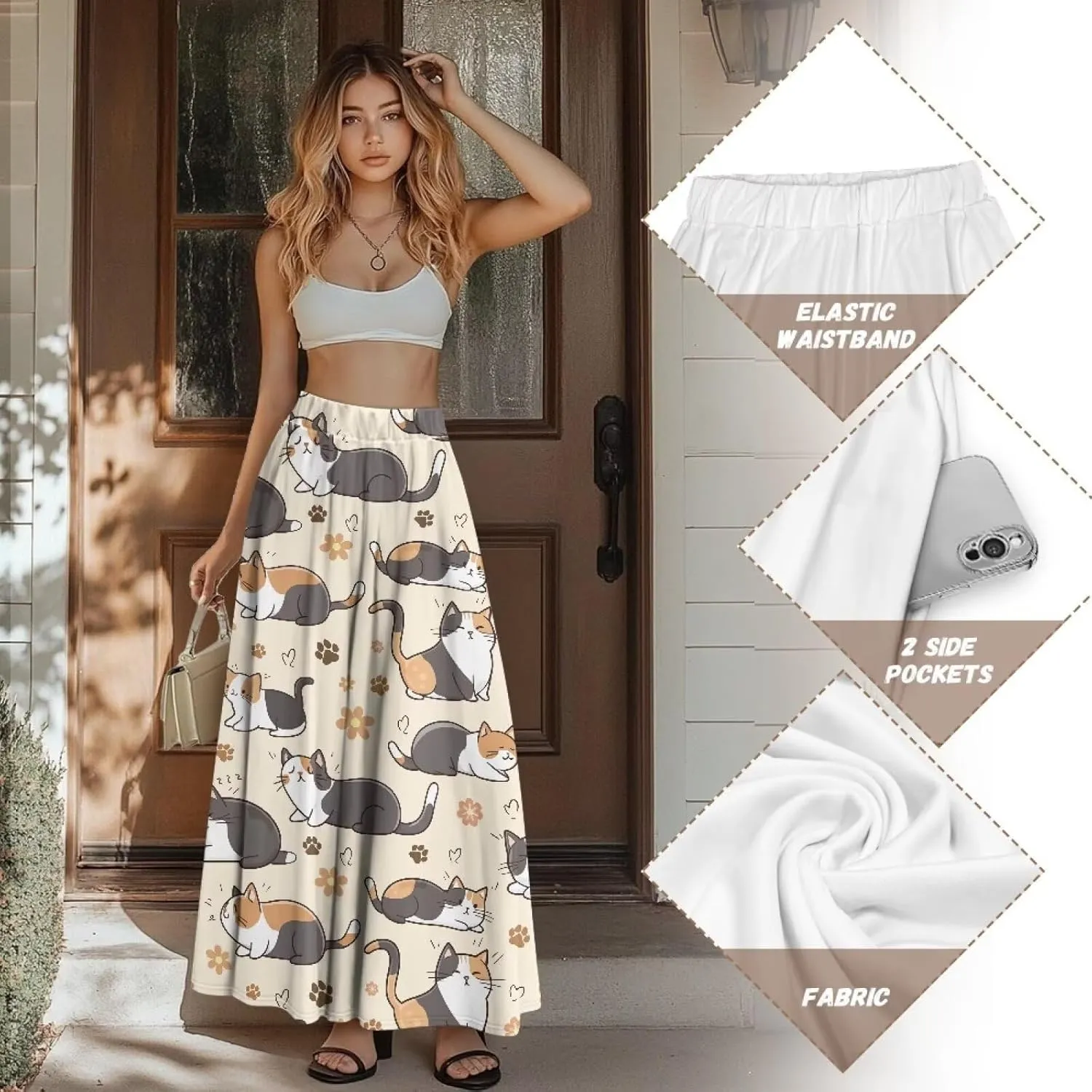 Long Skirts for Women with 2 Side Pockets A-Line Maxi Length Skirt Elastic Waistband S to 2XL Floral Printed Summer