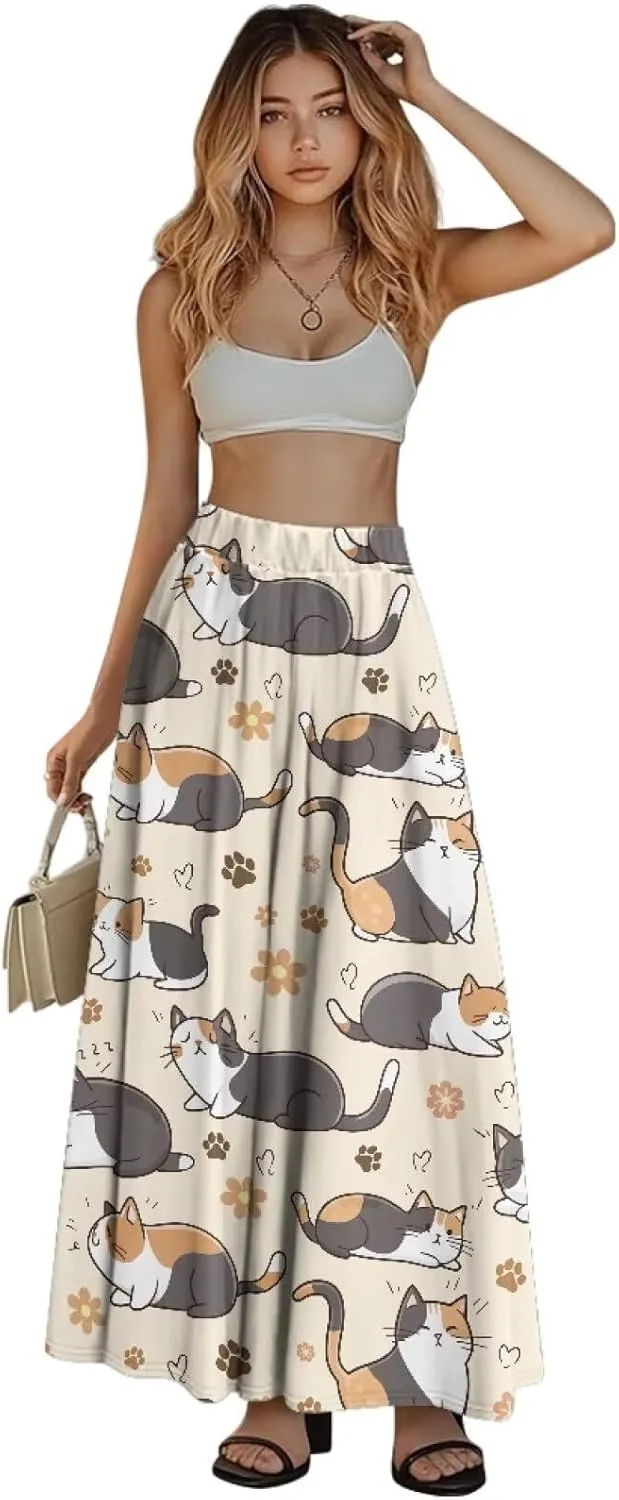 Long Skirts for Women with 2 Side Pockets A-Line Maxi Length Skirt Elastic Waistband S to 2XL Floral Printed Summer