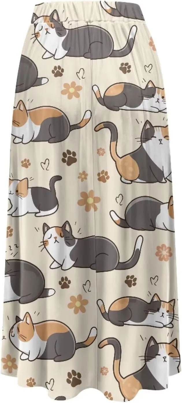 Long Skirts for Women with 2 Side Pockets A-Line Maxi Length Skirt Elastic Waistband S to 2XL Floral Printed Summer